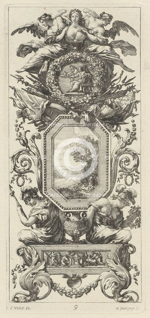 Ornamental Panel Surmounted with Two Figures Leaning on the Bust of a Woman, 1647. Creator: Michel Dorigny.