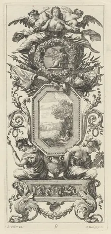 Ornamental Panel Surmounted with Two Figures Leaning on the Bust of a Woman, 1647. Creator: Michel Dorigny