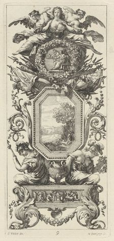 Ornamental Panel Surmounted with Two Figures Leaning on the Bust of a Woman, 1647. Creator: Michel Dorigny