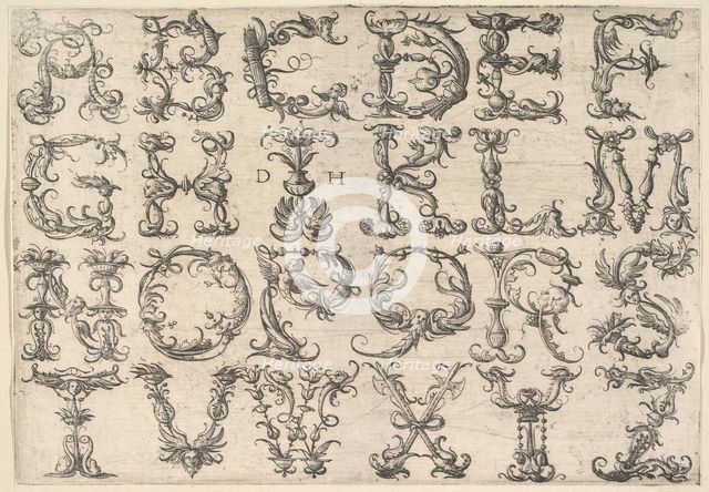 Ornamented Roman Majuscule Alphabet, ca. 1520. Creator: Daniel Hopfer.