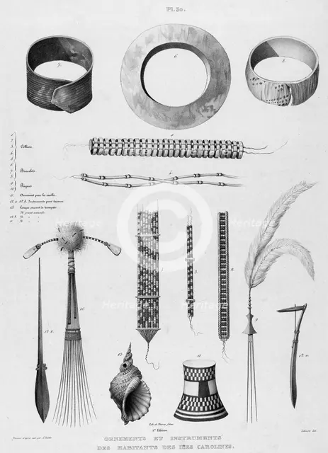 Ornaments and instruments of the inhabitants of the Caroline Islands, 19th century. Creators: Alexander Postels, Pierre Frederic Lehnert.