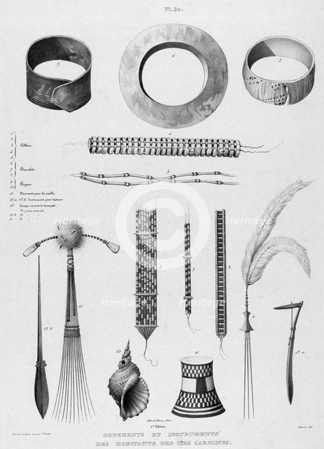 Ornaments and instruments of the inhabitants of the Caroline Islands, 19th century. Creators: Alexander Postels, Pierre Frederic Lehnert.