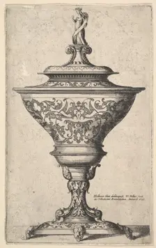 Ornate goblet on feet of masks, 1645. Creator: Wenceslaus Hollar