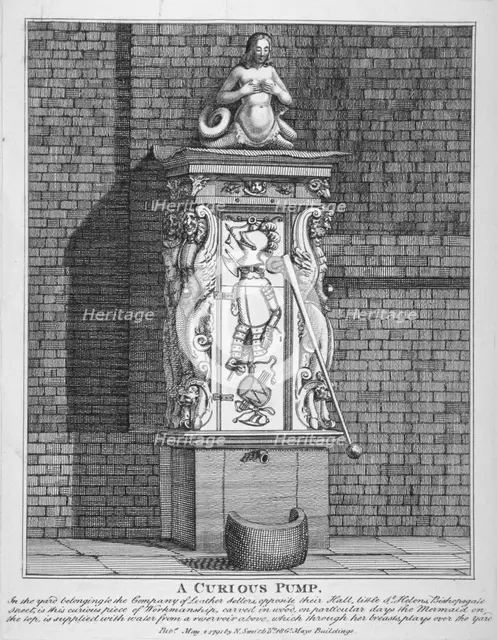 Ornate water pump in the yard at Leathersellers' Hall, Little St Helen's, City of London, 1791. Artist: John Thomas Smith