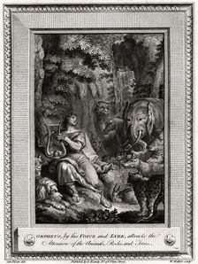 Orpheus, by his Voice and Lyre, attracts the attention of the Animals, Rocks and Trees 1774.Artist: W Walker