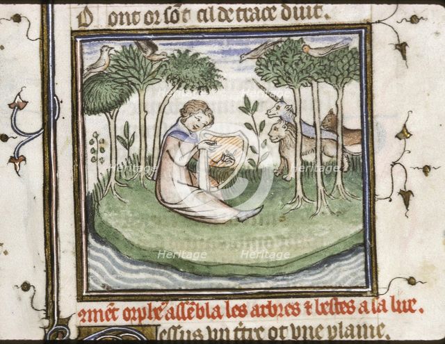 Orpheus enchants trees and animals with his harp playing, 1380s. Creator: Maître du Policratique de Charles V (active 1366-1403).