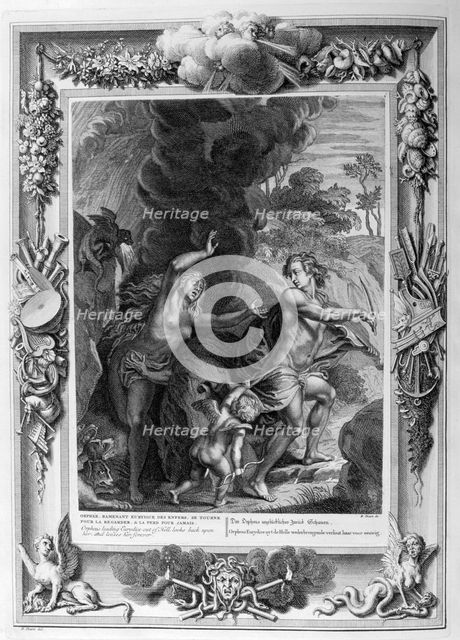 Orpheus, leading Eurydice out of Hell, looks back upon her and loses her forever, 1733. Artist: Bernard Picart
