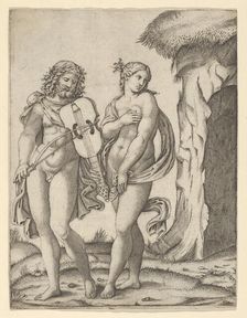 Orpheus standing at left playing the violin, Eurydice at right covering herself , ca. ..., ca. 1509. Creator: Marcantonio Raimondi