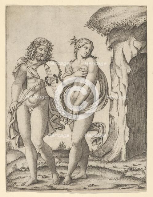 Orpheus standing at left playing the violin, Eurydice at right covering herself , ca. ..., ca. 1509. Creator: Marcantonio Raimondi.