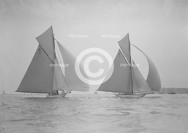 'Ostara' & 'Mariska' running downwind under full sail, 1911. Creator: Kirk & Sons of Cowes.