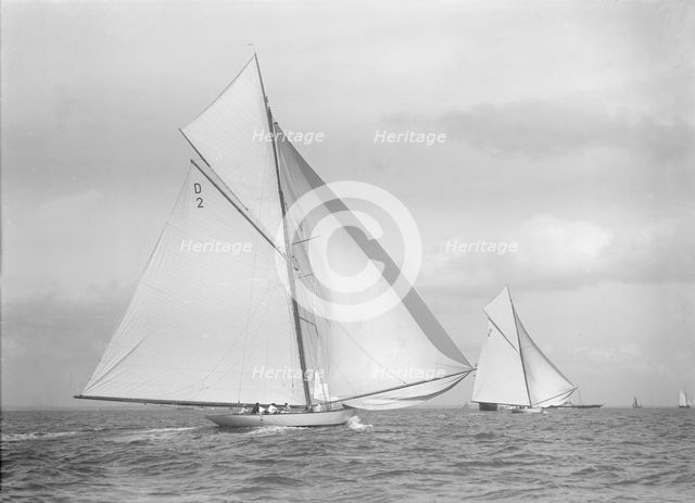 'Ostara' and 'Sophie Elizabeth' racing downwind, 1911. Creator: Kirk & Sons of Cowes.