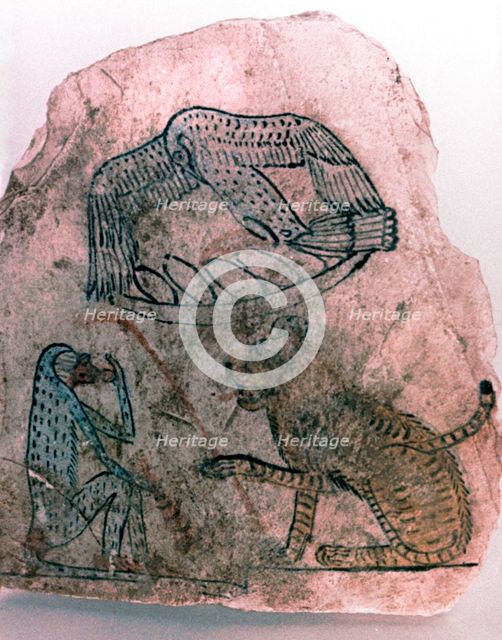 Ostracon Fragment, Cheetah, Bird and Monkey, Egypt Artist: Unknown