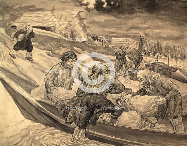 Ostyatsky village on the Vakh River - Unloading the boat, 1928. Creator: Dmitrii Innokent'evich Karatanov.