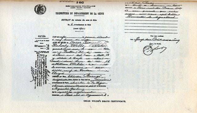 Oscar Wilde's death certificate, 1900. Creator: Unknown.
