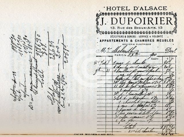 Oscar Wilde's last bill at Hotel D'Alsace, Paris, France, 1900. Creator: Unknown.