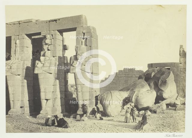 Osiride Pillars and Great Fallen Colossus, at the Memnonium, Thebes, 1857. Creator: Francis Frith.