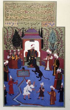Osman I, a lion brought by a tamer licks his boots, Turkish miniature in the Book...(1584 - 1589). Creator: Unknown