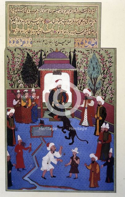 Osman I, a lion brought by a tamer licks his boots, Turkish miniature in the 'Book...(1584 - 1589). Creator: Unknown.