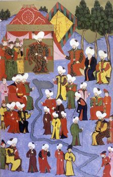 Osman I, Sultan's arrival. Miniature in The Book of compliance (1584 - 1589)