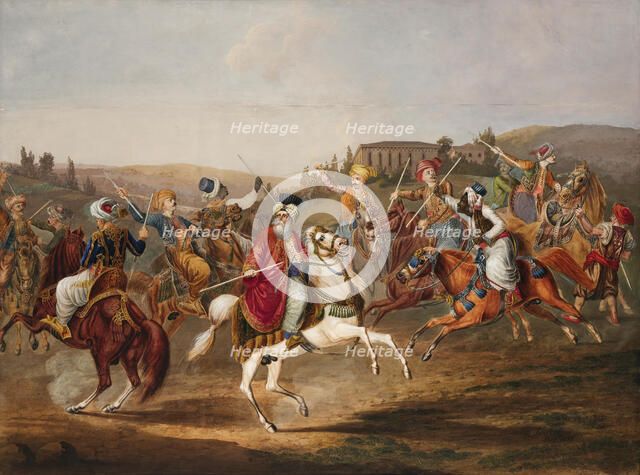 Ottoman Horsemen at the Game of Jereed, 1835. Creator: Hoelzel; Tomas (1788-1840).