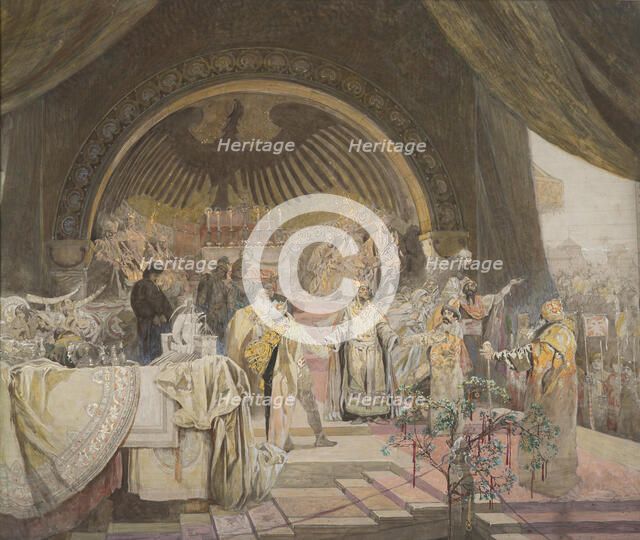 Ottokar II of Bohemia. The Union of Slavic Dynasties (The cycle The Slav Epic) Sketch. Creator: Mucha, Alfons Marie (1860-1939).