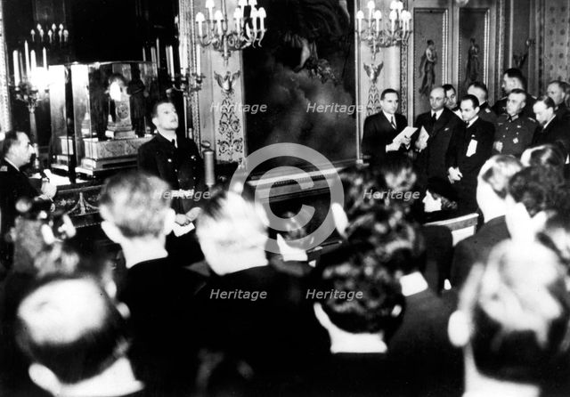 Otto Abetz, German ambassador to France, holding a press conference, Paris, 15 December 1940. Artist: Unknown