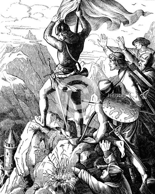 Otto I of Bavaria prevents a defeat of Emperor near Verona (Illustration from the Geschichte des deutschen Volkes by E. Duller), 1840. Artist: Kirchhoff, Johann Jakob (1796-1848)