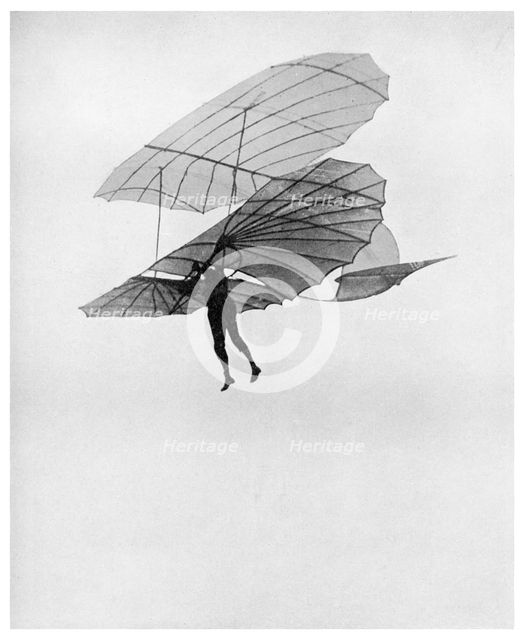 Otto Lilienthal makes one of his last flights, 1896 (1956). Artist: Unknown