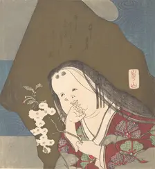 Otafuku Holding a Branch of Double White Cherry Blossoms, ca. 1840. Creator: Watanabe Kazan