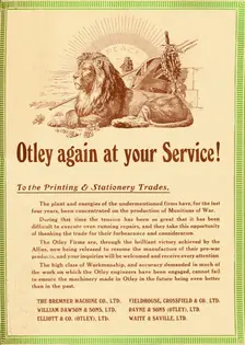 Otley again at your service - To the Printing & Stationery Trades 1919. Artist: Garratt & Atkinson