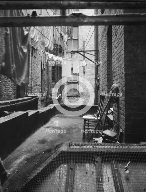 Out of rear window tenement dwelling of Mr and Mrs Jacob Solomon, 133 Avenue D, New York City, 1936. Creator: Dorothea Lange.