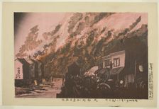 Outbreak of Fire Seen from Hisamatsucho (Hisamatsucho nite miru shukka), Japan, 1881. Creator: Kobayashi Kiyochika