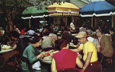 Outdoor dining, original farmers market, Hollywood, California, USA, 1955