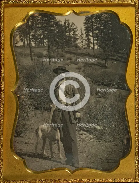 Outdoor scene with hunter and dog, about 1850. Creator: Unknown.