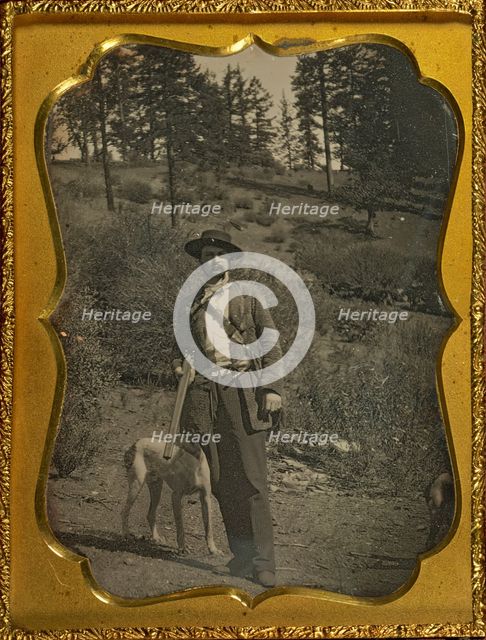 Outdoor scene with hunter and dog, about 1850. Creator: Unknown.