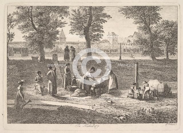 Outdoor Scene of Women in Domestic Activities in Nurnberg, 19th century. Creator: Johann Christian Erhard.