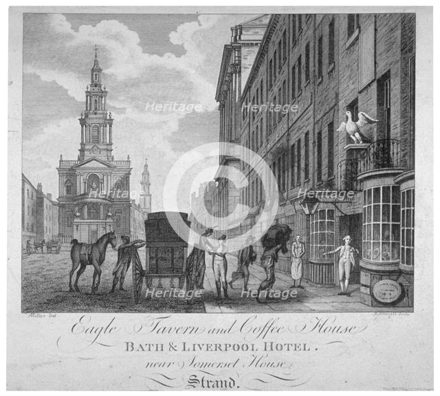 Outside the Eagle Tavern and Coffee House, Bath & Liverpool Hotel, London, c1800. Artist: Peter Mazell