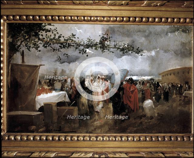 Outside the old bull ring in Madrid,' oil by Eugenio Lucas Villaamil.