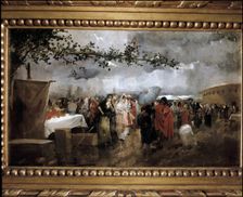 Outside the old bull ring in Madrid, oil by Eugenio Lucas Villaamil
