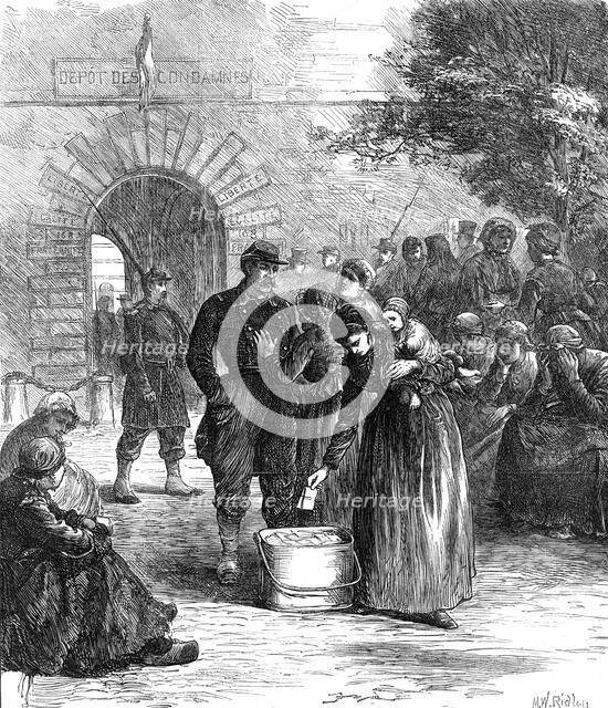 Outside the prison of La Roquette, Paris: letters for the prisoners, 1871. Creator: William Simpson.