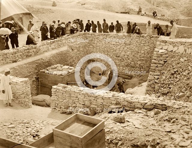 Outside the tomb of Tutankhamun, Valley of the Kings, Egypt, 1922. Creator: Harry Burton.
