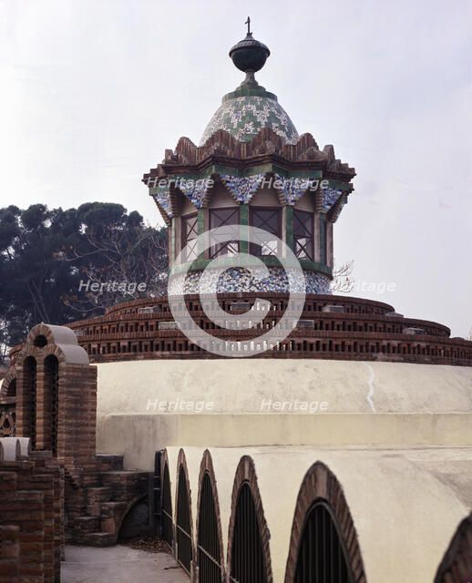 Outside of the stables pavilion with its great dome in the Guell House, it was built between 1884…