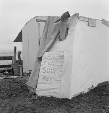 Outside of potato pickers camp, across from the..., Tulelake, Siskiyou County, California, 1939. Creator: Dorothea Lange