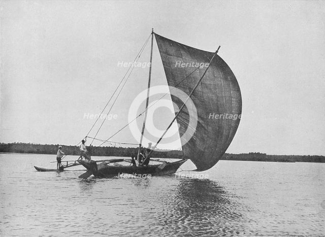 'Outrigger Canoe in Full Sail on Negombo Lake', c1890, (1910). Artist: Alfred William Amandus Plate.