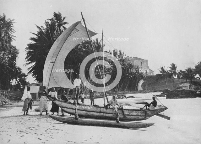 'Outrigger Fishing Canoe at Mount Lavinia Sea Shore', c1890, (1910). Artist: Alfred William Amandus Plate.