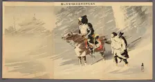 Our Officers Scouting the Enemy Camp in a Snow Storm (Oyuki o okashite waga shoko..., 1894/95. Creator: Taguchi Beisaku