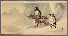 Our Officers Scouting the Enemy Camp in a Snow Storm (Oyuki o okashite waga shoko..., 1894/95. Creator: Taguchi Beisaku