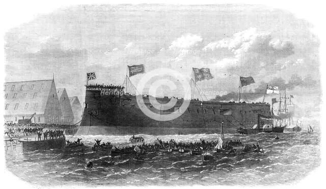Our Iron-Clad Fleet: floating of Her Majesty's ship Hercules, at Chatham, 1868. Creator: Unknown.