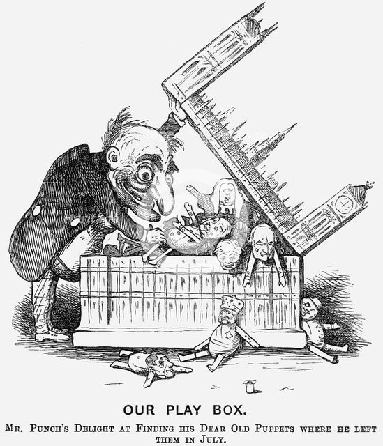'Our Play Box. Mr Punch's Delight at Finding His Dear Old Puppets where He Left Them in July', 1865. Creator: Unknown.