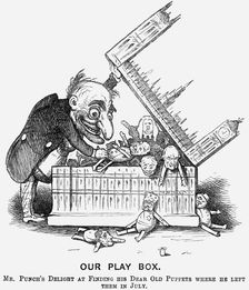 Our Play Box. Mr Punch's Delight at Finding His Dear Old Puppets where He Left Them in July 1865. Creator: Unknown